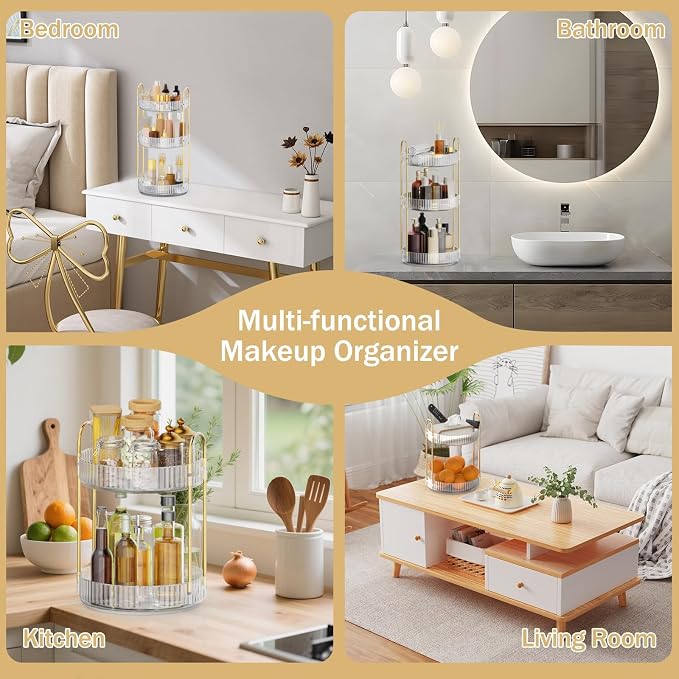 MOKANI 360 Rotating Makeup Organizer for Vanity, 2 Tier Perfume Organizer | Adjustable Multi-Function Spinning Cosmetics Skincare Storage for Bedroom, Dresser, Countertop, Clear