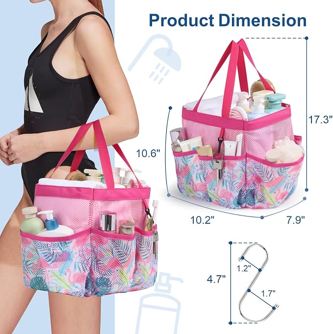 Mesh Shower Caddy Portable - 8 Pockets, S-Hook, Shower Bag for Dorm Camping | 2-Handle, Quick-Dry, Toiletry Organizer, College Dorm Room Essentials for Girls, Gym, Travel & Bathroom, Pink Flamingo