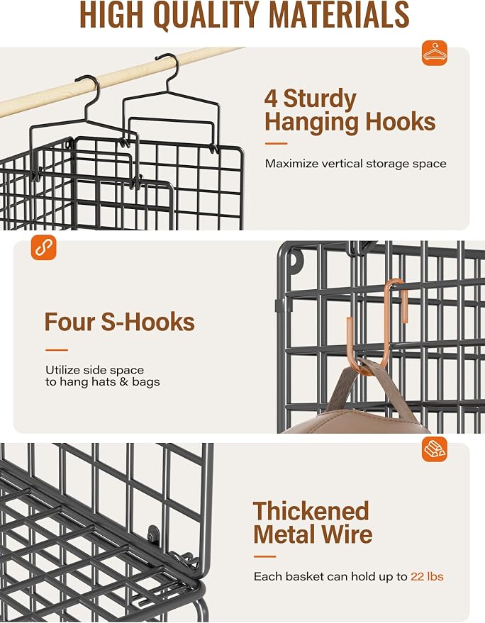 6 Tier Closet Hanging Organizer, Metal Closet Organizers and Storage with 4 Hanging Hooks 4 S-Hooks for Wardrobe Laundry Room, Wire Storage Shelf for Clothes Sweaters Pants (Black)