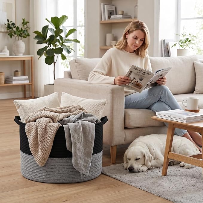 90L Extra Large Blanket Basket,Woven Laundry Basket-Black&Dark Grey | Collapsible, reinforced handles, nursery storage bin organizes clothes, toys and pillows for living room, bedroom bathroom