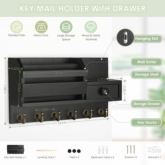 VIS'V Key Holder Wall Mount, Wooden Mail and Key Organizer, Black | Contains Little Drawer, Small Shelf, 2 Slots, 6 Hooks, for Entryway, Hallway, Doorway, Kitchen, Garage, Camper