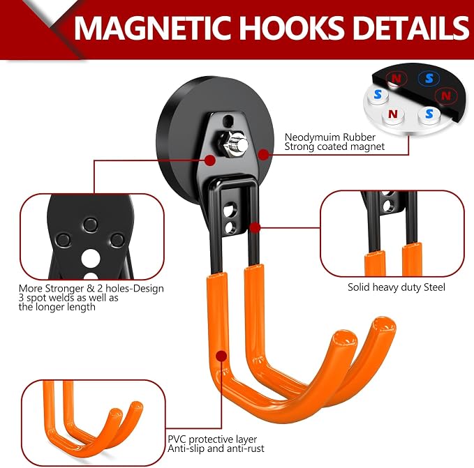 3-H Heavy Duty Magnetic Hooks, Large Magnet Hooks,2 Pack Orange | No-Drill Tool Holder for Garage,Power Drill,Garden Tools,Hose Storage