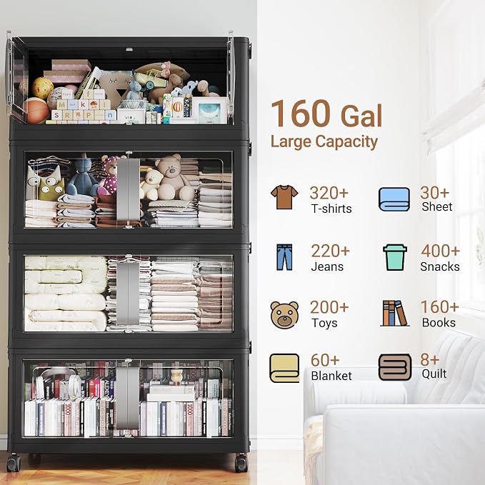 BROVIEW 640Qt Extra Large Stackable Storage Bins with Lids, 160Gal Collapsible Storage Bin with Wheels Clear Door, Folding Plastic Closet Organizers and Storage Drawers for Home Kitchen, 4 Pack Black