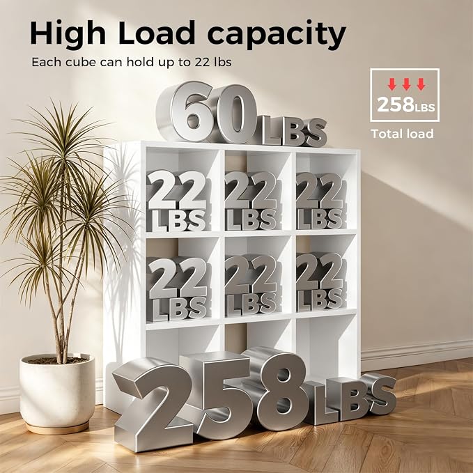 LUCKLIFE 9-Cube Storage Organizer, Stackable Modular Bookcase Shelf with Vertical or Horizontal Use, Fits 11×11" Bins, Optional Back Panels, for Living Room, Office, White