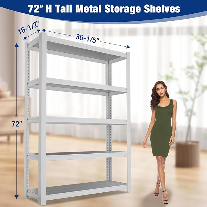 WORKPRO 5-Tier White Shelving with Board, 36.2”Wx16.5”Dx72”H, 3000LBS Load