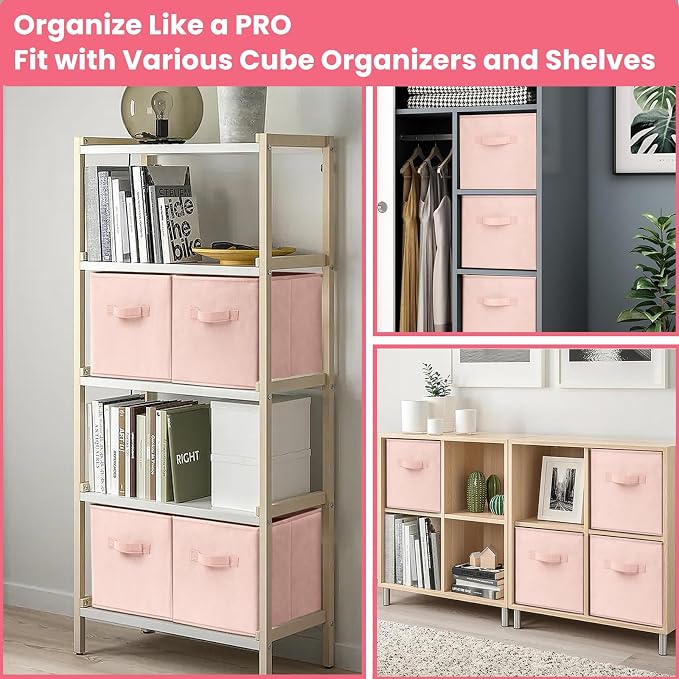 Criusia Storage Cubes- 11 Inch Cube Storage Bins for Organizing Shelves - Nursery Closet Organization Bins for Clothes Blanket - 10 Pack Collapsible Decorative Storage Box for Magazines (Pink)