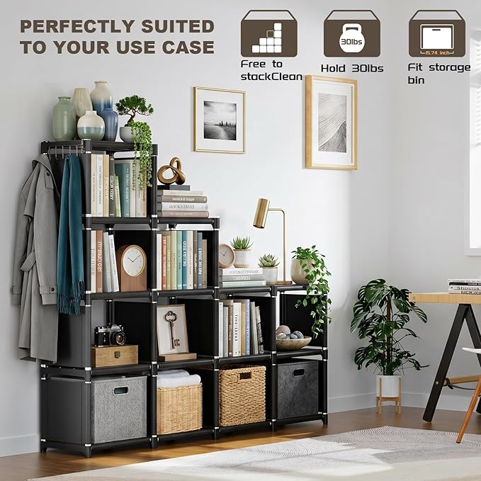 Mavivegue Book Shelf, 12 Cube Storage Organizer, DIY Bookcase, Metal Bookshelf,Tall Book case for Bedroom, Living Room,Office,Closet, Black Cubicle Rack