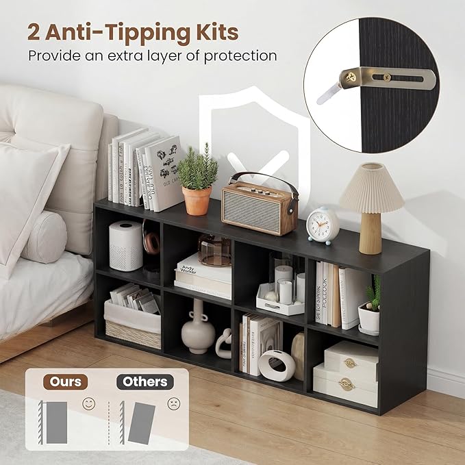 Giantex 8-Cube Bookcase, 3-Tier Cubby Bookshelf, Horizontal Vertical Display Rack with Anti-Tipping Kits, Modern Storage Organizer Shelf Unit for Bedroom, Living Room, Study (Black, 8-Cube)