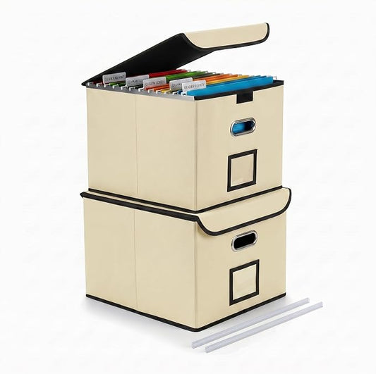 CADONO File Organizer Box with Lid (Beige, 14.9 x 12.59 x 10.8 inch) | Large Hanging File Folder Organizer with Plastic Slide, Collapsible Portable Filing Storage Boxes for Office/Decor/Home