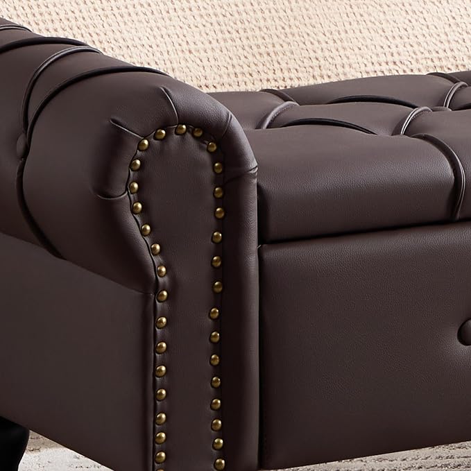 Storage Bench 51" Faux Leather End of Bed Benches Dark Brown | Queen Size Storage Bench for Bedroom with Rolled Arms Tufted Ottoman Benches Upholstered Bench for Living Room Entryway