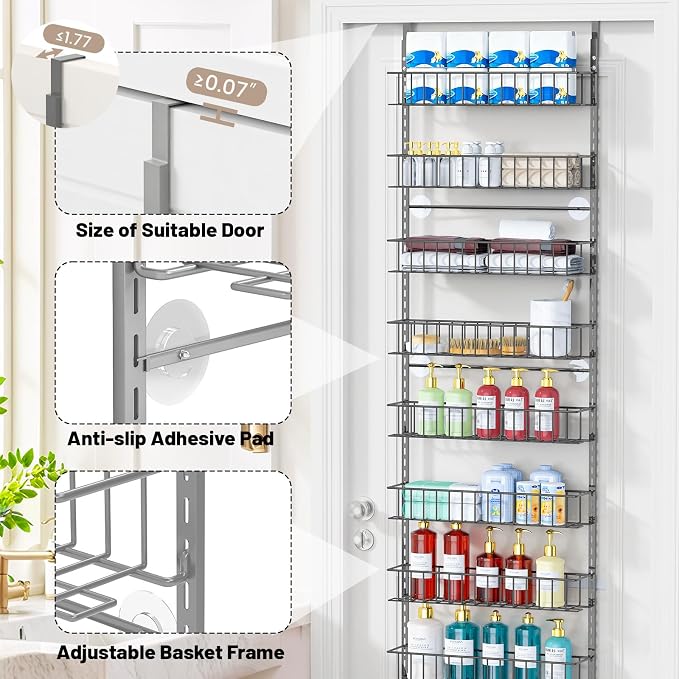 ElegantArray 9-Tier Pantry Door Organizer, Light Gray | Over The Door Pantry Organizer Rack and Storage, Hanging Spice Rack Shelves Door, Home Office Laundry Room Bathroom & Kitchen
