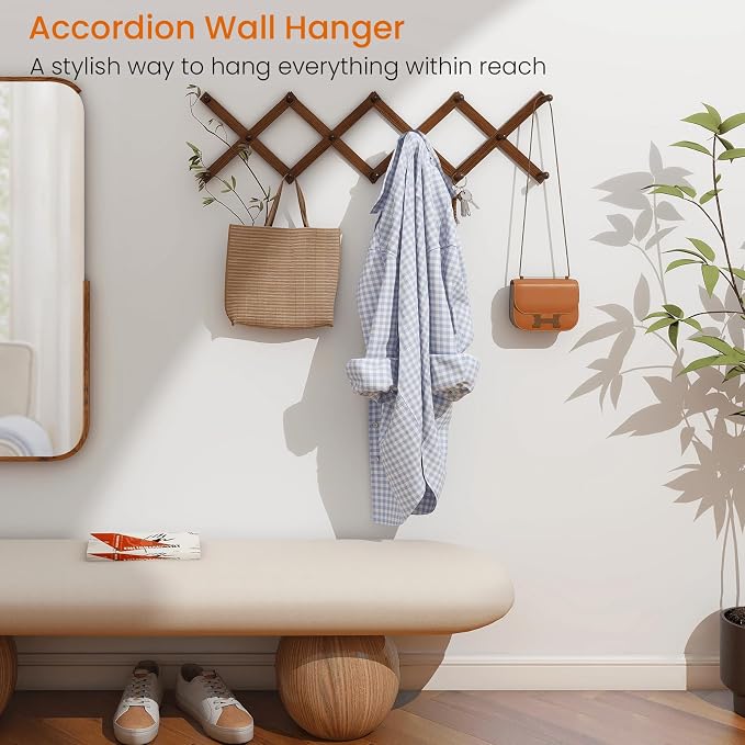 Accordion Wall Hanger, Hat Rack for Wall, Wood Expandable Coat Rack, Vintage Accordian Peg Hooks Purse Organizer for Hanging Baseball Caps, Coffee Mug, Hats, Clothes, Backpack, Towel