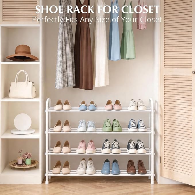 INSMART 4-Tier Expandable Shoe Rack, Stackable and Adjustable Shoes Organizer Storage Shelf, Sturdy and Durable Metal Structure Free Standing Shoe Rack for Closet Entryway Doorway, White