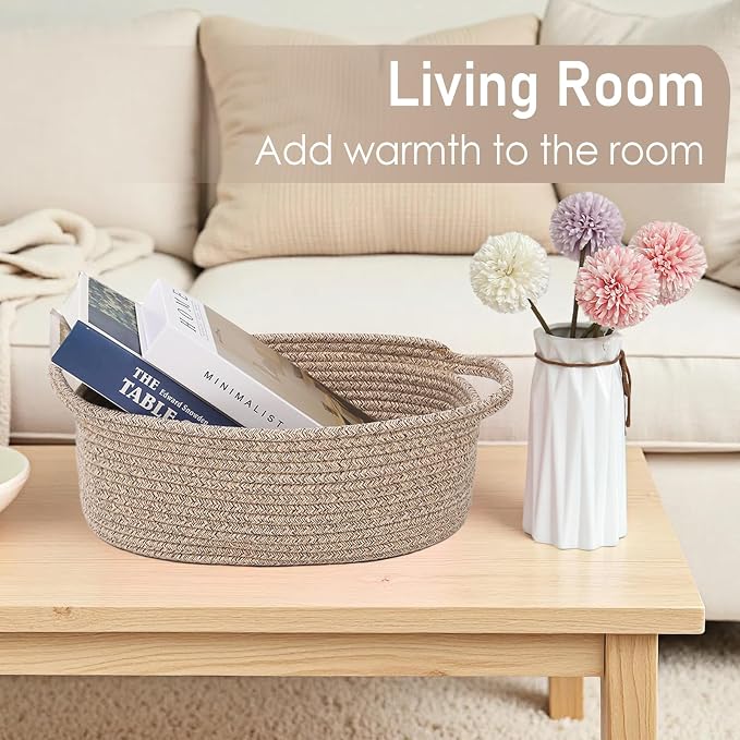 JMvicyroam Small Woven Basket, Empty Gift Basket, Oatmeal/1 Pack | Small Gift Basket, Cotton Rope, 12 x 8 x 12 in, Handles, Includes Ribbon and Bag, Birthday Gift Basket