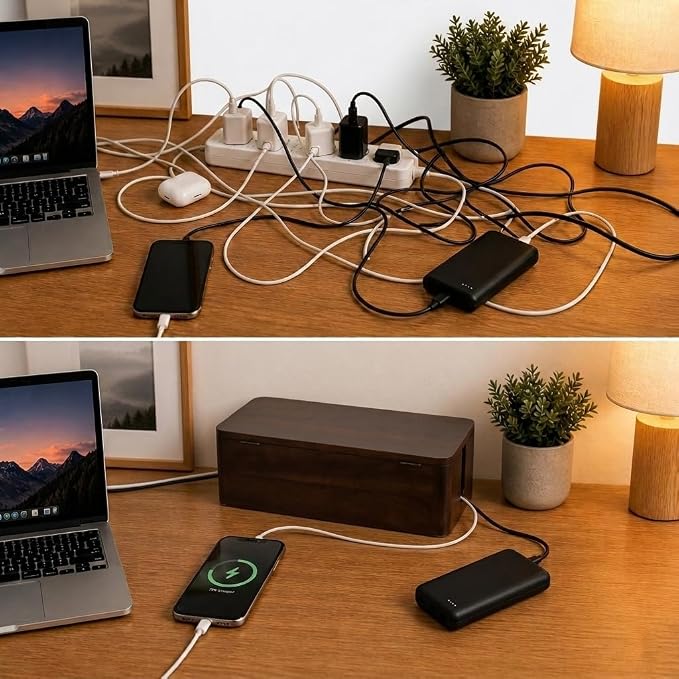 Cable Management Box – Power Strip Organizer – Desk Cord Organizer to Hide Wires & Chargers – Cable Storage Box for Home, Office Desk & Floor Cable Organization (Dark Walnut)
