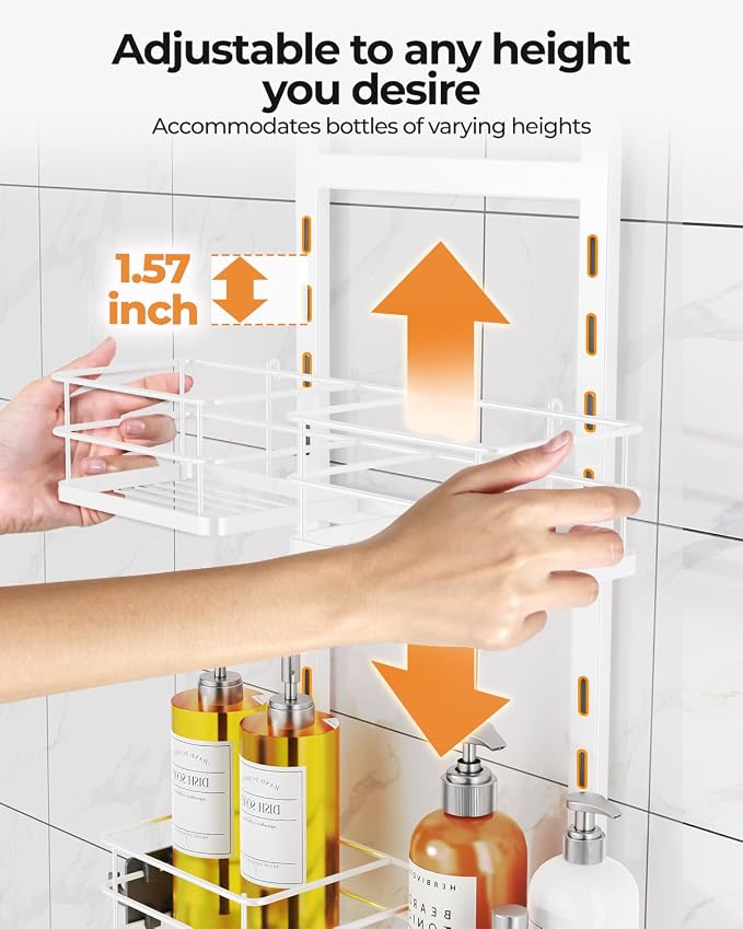 ODesign 2 Tier Shower Caddy for Handheld Shower Heads Anti-Swing White | No drilling required,comes with removable hook and storage box,suitable for handheld and wall-mounted showerheads