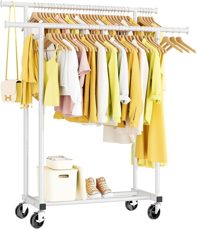 HYSEYY Double Rods Clothes Rack, Rolling Clothing Rack for Hanging Clothes Portable Wardrobe Rack, Metal Garment Rack Sturdy Coat Rack for Bedroom Laundry Living Room, White