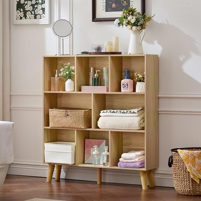 LEYAOYAO 8 Cube Bookshelf,Mid-Century Modern Bookcase with Legs,Light Wood | 3 Tier Book Shelf,Rustic Wood Bookshelves Freestanding Large Storage Organizer, Open Shelves for Bedroom, Living Room, Office