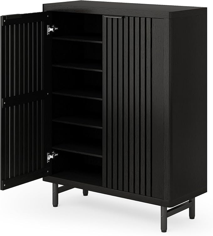 LITTLE TREE 6-Tier Shoe Cabinet with Doors for Up to 24 Pairs, Large Wooden Shoe Storage Cabinet with Adjustable Shelves, Black Freestanding Shoe Organizer Cabinet for Entryway, Hallway