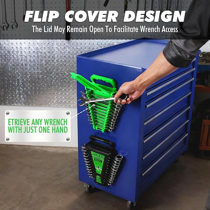 2-Piece Magnetic Wrench Organizer, Metric & SAE Portable Plastic Wrench Holder, 24-Slot Total, Foldable Carrying Handle for Wall-Mounted, Easy-Open Lock Cover, Wrenches Storage Rack Tool for Tool Box
