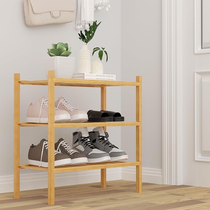 ROMGUAR CRAFT 3-Tier Bamboo Small Shoe Rack, Free Standing Wood Shoe Shelf Storage Organizer for Closet Entryway Stackable (Natural)