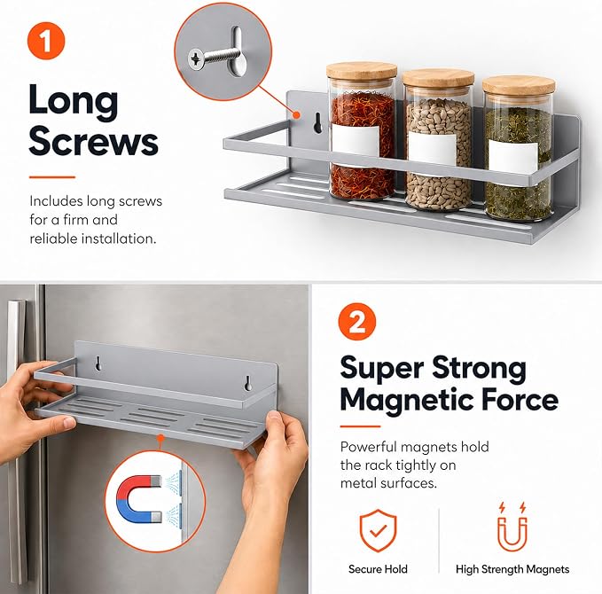 SMRCAD 4 Pack Metal Magnetic Spice Rack for Fridge – Heavy-Duty | Iron Construction, Rust-Resistant, Dust-Resistant, Fits Condiment Bottles, Includes Screws for Optional Wall Mount