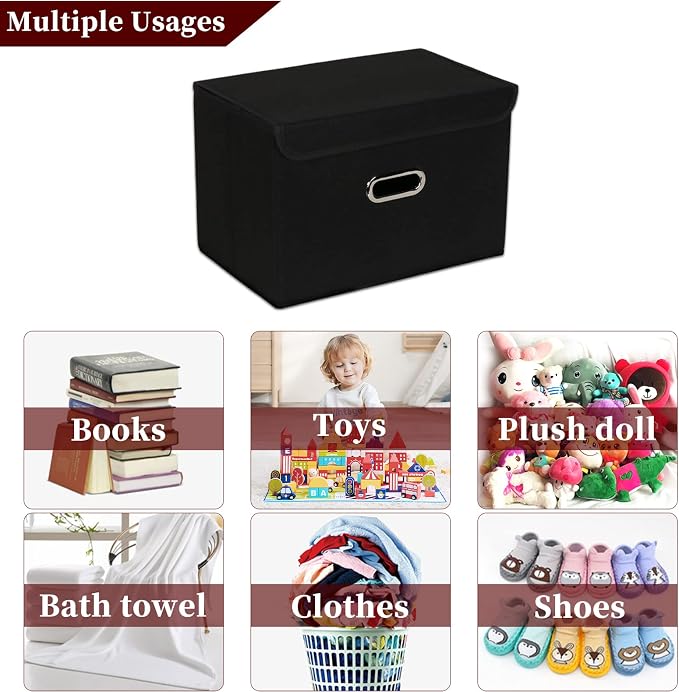 STOREONE Fabric Storage Cube Bins Foldable Organizer Container Collapsible Basket with Lids and Metal Handles, for Home, Bedroom, Closet (Black, 3 Pcs)