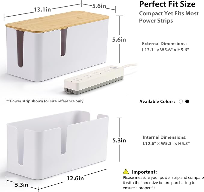 ZhiYo Large Cable Management Box, Thick ABS Power Strip Organizer, White | Extra-Tall Design for Oversized Adapters, Natural Bamboo Lid, Fits Power Strips Up to 12.5" Long, Ideal for Desks, TV Areas