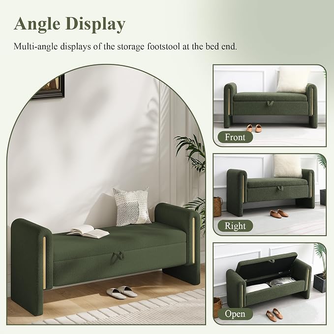 Storage Ottoman Bench, End of Bed Bench with Pull-Ring | 52" Teddy Upholstered, Window Bench with Armrest, Generous Storage, Safety Hinge, Holds 300 LBS, for Bedroom, Olive Green