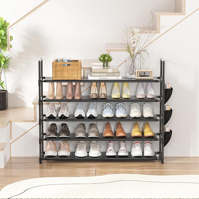 OYREL Shoe Rack 5 Tier 20-25 Storage Capacity Shoes Organizer | Closet, Entryway, Garage, Door Entrance, Space Saving Shoes Holder Stand, Sturdy Metal Free Standing Boot Shelf Tower Black