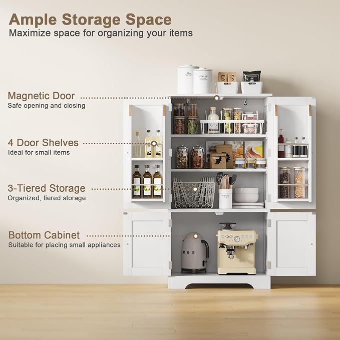 ChooChoo 43" H Pantry Cabinet with 4 Doors & 4 Door Shelves | Kitchen Cabinet, Kitchen Pantry Storage Cabinet for Living Room, for Dining Room, Bathroom, White