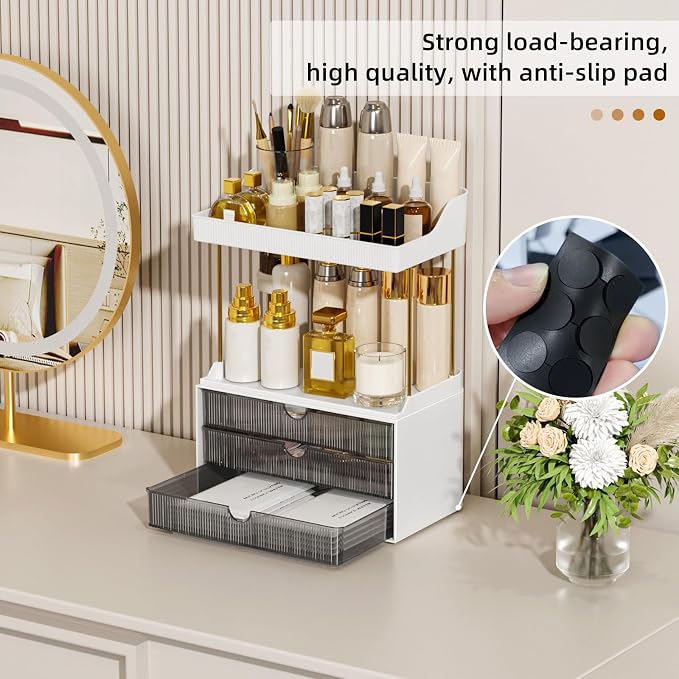 StorBin Arcylic 5-Tier Makeup & Skincare Organizer for Vanity, Bath | Smooth 3 drawers, clear body, gold frame, non-slip, for perfumes, serums, face masks, palettes, vanity & bath counter,Grey
