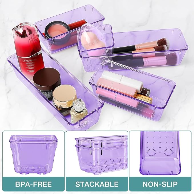StorMiracle 25 PCS Drawer Organizer Set, 4 Varied Size Bathroom and kitchen Drawer cabinet organizer Trays, Clear Storage Bins for Makeup, Jewelry, Utensils and Gadgets， Purple