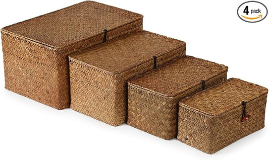 4 Pack, Wicker Baskets with Lids, Natural Seagrass Storage Baskets, Woven Rectangular Basket Bins, Rattan Storage Organizer for Shelf (Coffee, Set of 4)