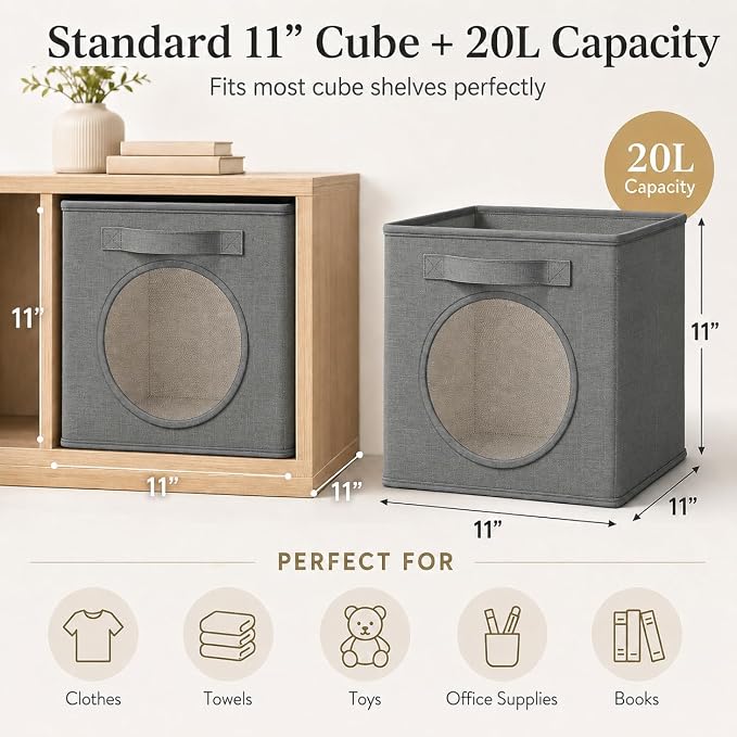 Storage Cubes with Mesh Window, 13'' Cube Storage Bin, Dark Gray, 4 Pack | See through Round window, Foldable Odor-Free & Sturdy PP Structure, Cubby Baskets for Closet, Shelves, Bedroom and Offices