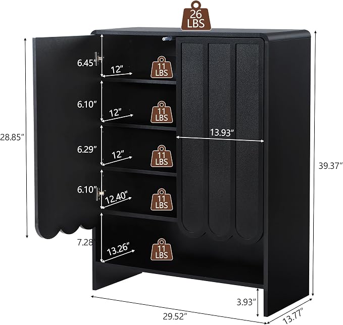 Shoe Storage Cabinet with Scalloped Doors, 5-Tier Wooden Shoe Cabinet with Adjustable Shelves, Shoes Rack Storage Organizer for Entryway, Hallway, Living Room, Black