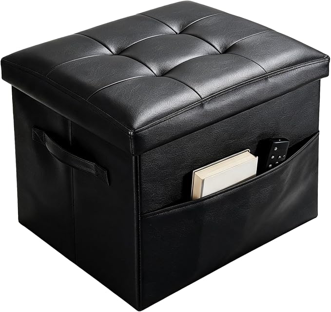 Storage Ottoman Foot Rest Bench with Side Pocket, Small Faux Leather Ottoman with Storage, Foot Stool with Storage for Living Room, Bedroom, Entryway, Dorm. 350LBS, 17x12.6x12.6in, Black.