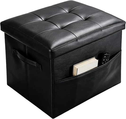 Storage Ottoman Foot Rest Bench with Side Pocket, Small Faux Leather Ottoman with Storage, Foot Stool with Storage for Living Room, Bedroom, Entryway, Dorm. 350LBS, 17x12.6x12.6in, Black.