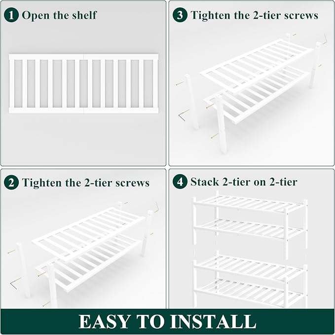 Smiry Bamboo Shoe Rack, 12 Vertical Slats, 4 Tier - 26.8" Wide, White | Stackable Free Standing Wooden Shoe Organizer, Wood Shoe Storage Shelf for Closet, Entryway