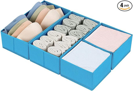 DIMJ Drawer Organizers - Set of 4 Fabric Closet Organizers and Storage, Drawer Dividers for Baby Clothes, Socks, Belt, Tie (Blue)
