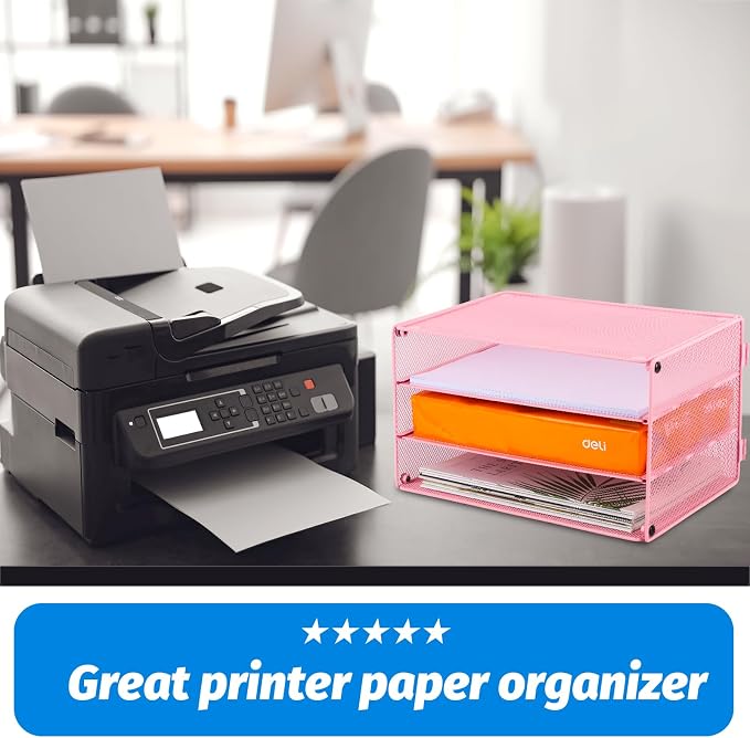 Paper Organizer Tray, 3 Tier Mesh Desk File Organizer Letter Sorter Holder for Home Office, Pink
