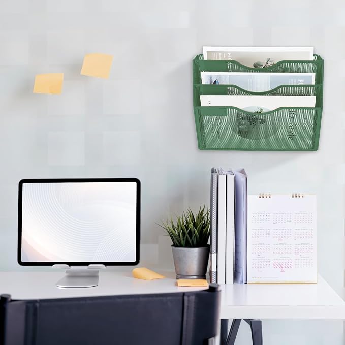 EASEPRES 3 Pocket Mesh Hanging Wall File Organizer, Wall Mounted Mail Paper Document Folder Holder, Clipboard Storage Organization Magazine Rack with Nametag Label for Office Home School, Dark Green