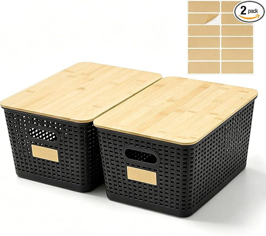 Bagnizer 2 Pack Tall Plastic Storage Bins with Bamboo Lids, 10.8qt Stackable Storages Baskets for Organizing Desktop Closet Playroom Classroom Office, 12"L x 8.3"W x 6.1"H, Black