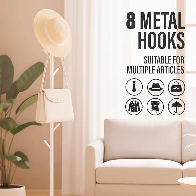 Coat Rack with Real Marble Base, Freestanding Metal Clothing Rack with 8 Hooks, Modern Hall Tree for Entryway, Bedroom & Office, Space Saving Coat Hanger Stand for Small Spaces (White)