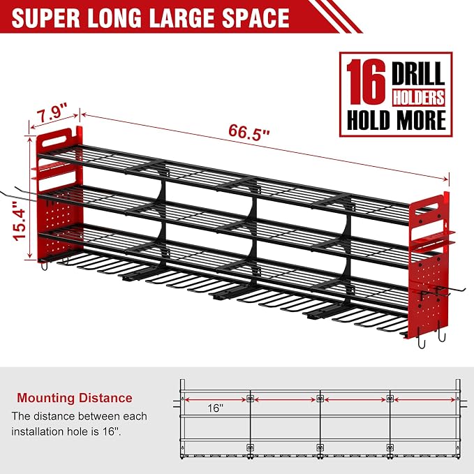 Large Power Tool Organizer Wall Mount, 16 Drill Holders Storage Rack, Red | 4-Tier Heavy-duty Wall Rack Holds 16 Cordless Drills, Saving Valuable Garage and Workshop Space