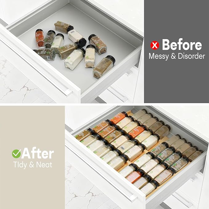 Bamboo Spice Drawer Organizer, (Need 3.1” Deep Drawer) Expandable 4 Tier Spice Rack for Cabinet (From 12" to 23" Wide), Seasoning Storage Insert, Spice Organizer for Drawer,Jars Not Included