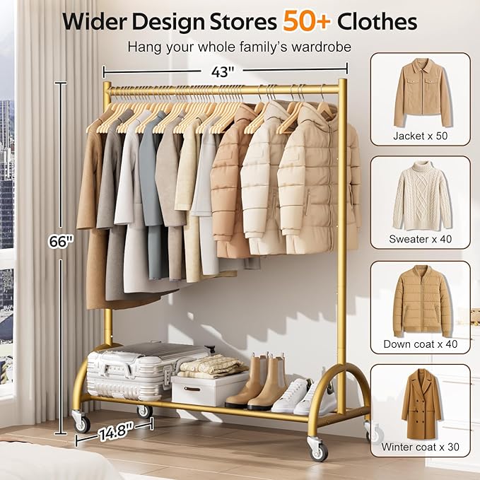MISSLO Heavy Duty Clothing Rack with Wheels Rolling Clothes Racks for Hanging Clothes, Coats, Garment, Dress, Gold
