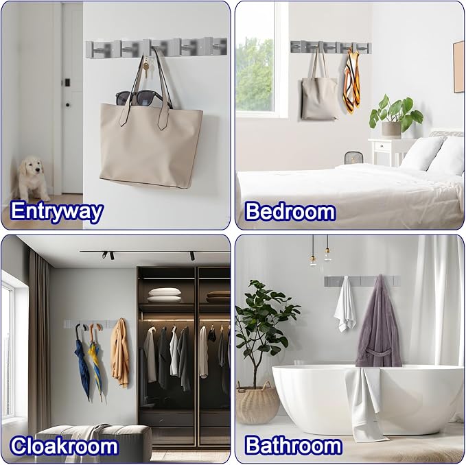 Bntuk Coat Rack Wall Mount - 5 Hat and Coat Hooks, Heavy Duty Towel Racks for Bathroom Entryway, Wall Hooks for Hanging Robes Bags Scarves Belts, Hat Rack Key Hanger Organizer (Silver)