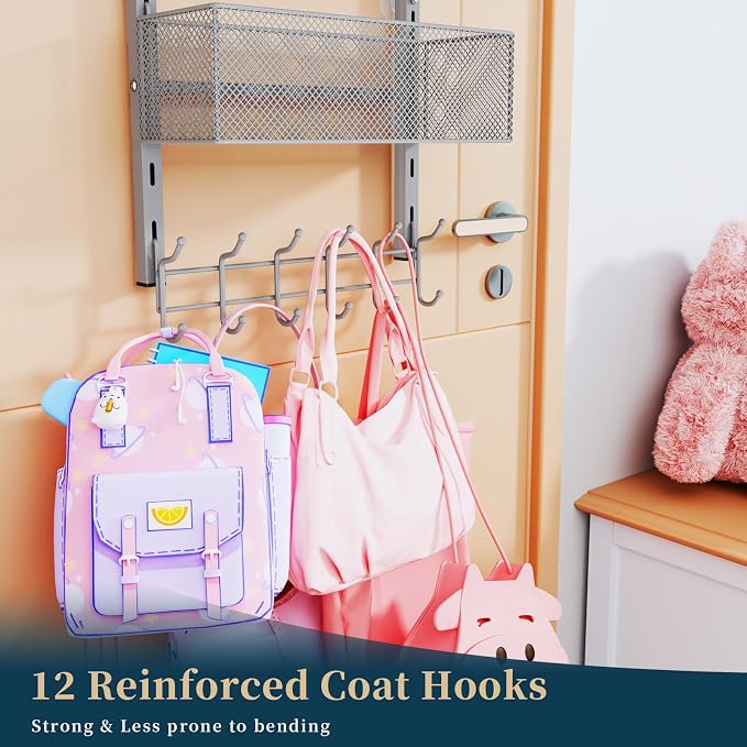 Consumest Over The Door Hooks Organizer - 4 Tier Door Coat Rack with 3 Baskets & 12 Hooks, Stainless Steel Towel Hanger for Bedroom, Bathroom, Living Room, Silver