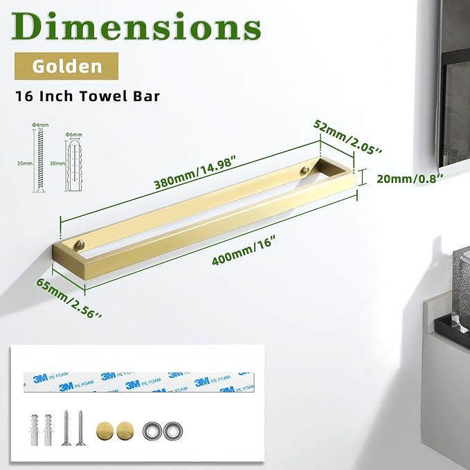 Alise Gold Hand Towel Holder Towel Bar for Bathroom Wall Mounted 16 Inch | Towel Rack for Bathroom Lavatory,SUS304 Stainless Steel Towel Rail for Bath Kitchen,Self-adhesive or Drilling Mount